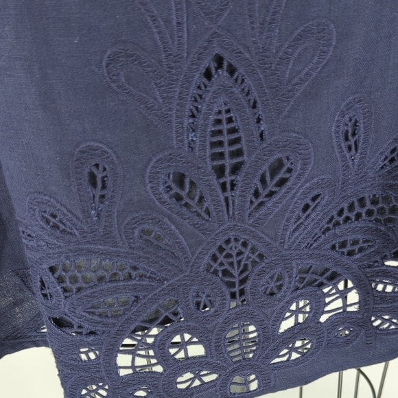 Neiman Marcus V Neck Embroidered Eyelet Dress Navy Blue L preppy summer - Picture 4 of 6